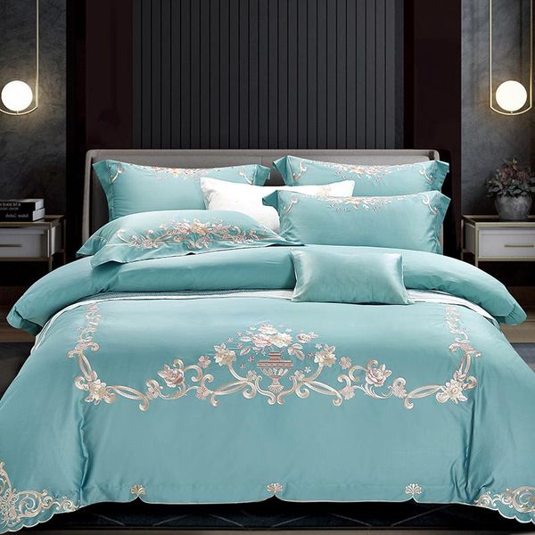 

green gray luxury 100s satin egyptian cotton bedding set bed sheet exquisite cover bedspread duvet embroidery flowers pillowcase