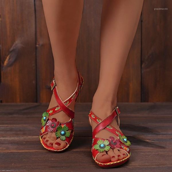 

sandals siketu vintage flowers women 2021 summer casual high block heel shoes ankle strap open toe for d301, Black