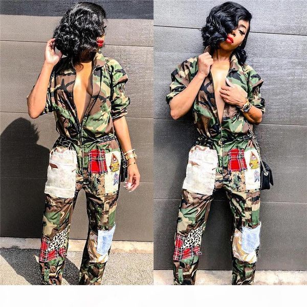 

women new zip open turn-down neck long sleeve camouflage safari style jumpsuits fashion rompers outfits, Black;white