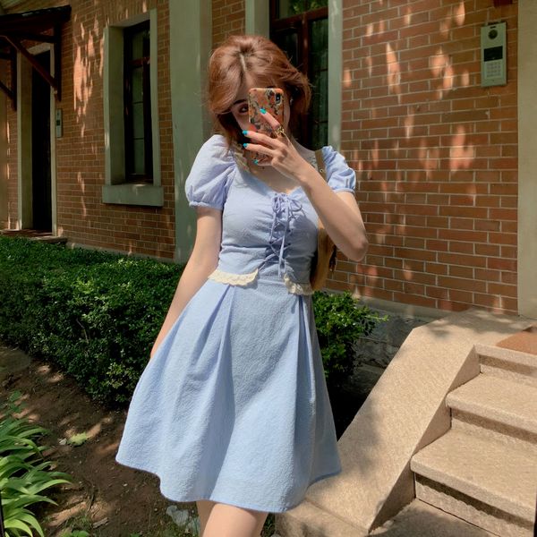 

2021 new puff sleeve high waist retro women's square collar long dress summer new elegant female clothes korean style yk88, Black;gray
