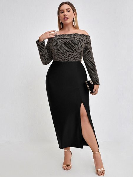 

plus off shoulder slit thigh glitter dress s7db#, Black