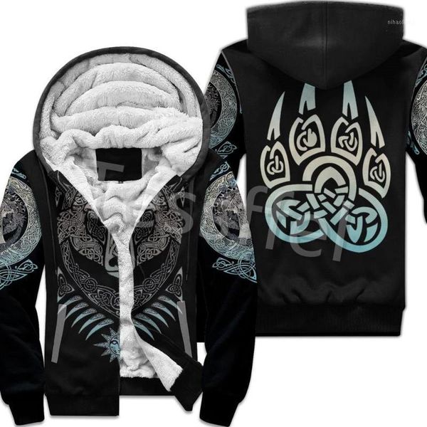 

3d printed pirate viking tattoo winter hoodies men fleece warm hood thick coat zipper men's hoodies jacket style-11, Black