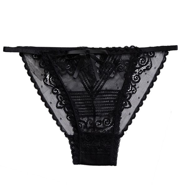 

women solid color thin transparent lace bow g-string low rise underwear, Black;white