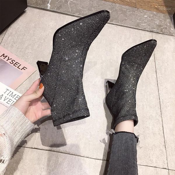 

2020 autumn new sequins women boots elastic fabric high heels boots fashion pointed toe ankle high heels botas mujer1, Black