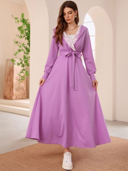 

lace detail belted sweatshirt dress v5mv#, White;black