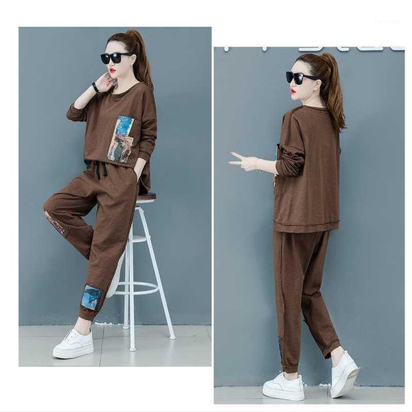 

running sets women fashion patch sports fitness suit brown cycling loose soft 2-piece sportswear elastic rope pants versatile1, Black;blue