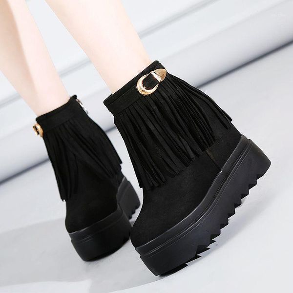 

boots tassel short women wedges high heel thick bottom cotton shoes black platform ankle for woman1