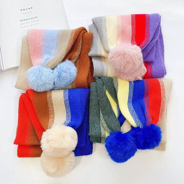 

autumn winter new color striped children's scarf wild cute fur ball boys girls scarf trendy baby warm sweet long b32, Blue;gray