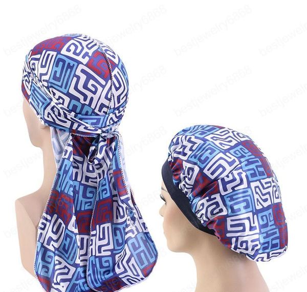

new men african pattern print silky durag and bonnet 2pcs set women ankara bonnet men long tail durags wave cap sleep cap wmtewww, Blue;gray