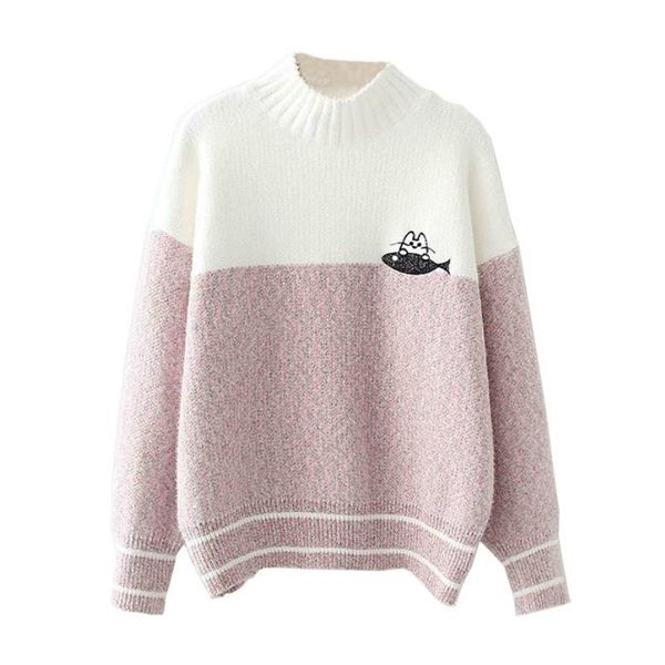 

women's sweaters turtleneck long sleeve women cartoon embroidery patchwork knitted pullover 2021 winter ladies bottoming warm, White;black
