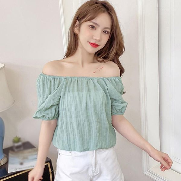 

summer chiffon shirt for women fashion wild solid color blouse sweet cute puff sleeves short sleeve, White
