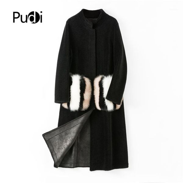 

pudi women winter real wool fur coat jacket over size parka lady fashion natural fur pocket coats outwear h682901, Black