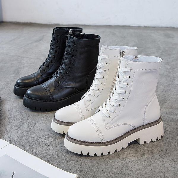 

fashion genuine leather white leather boots women's new platform high-belt comfortable soft boots autumn casual martin, Black