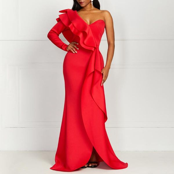 

red one shoulder ruffles party dress women african fashion strapless robe elegant evening long dresses red formal vestidos, Black;gray