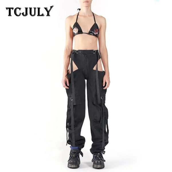 

tcjuly new design stylish hip hop pants women hollow out pocket zipper ribbon black trousers streetwear loose casual harem pants y200418, Black;white