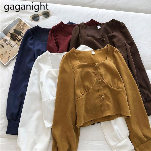 

gaganight korean solid women blouses vintage button square collar shirt long sleeves office lady short blouses femme blusas chic1, White