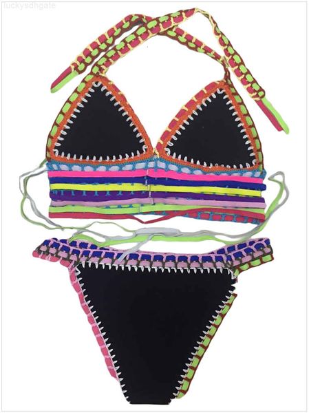 

neoprene multicolor tie up crochet pink bikini swimsuit lc41850 1007, White;black