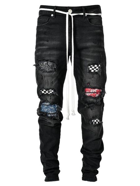 

men's jeans fashion skinny men ripped grid patchwork stretch denim pencil pants elastic hip-hop jogging 2021 streetwear, Blue