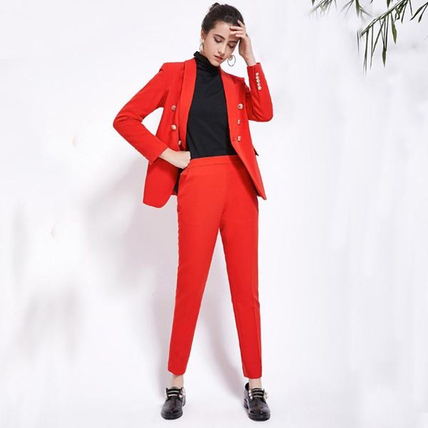 

women's suits & blazers 2021 design womens pants suit red pink office business double breasted button blazer two piece set formal autum, White;black