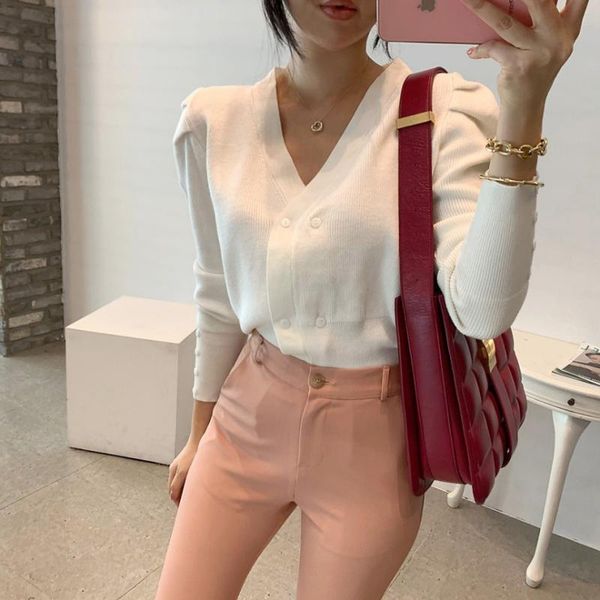 

women's knits & tees autumn winter jacket french retro v-neck puff sleeve double-breasted sweater cardigan, White