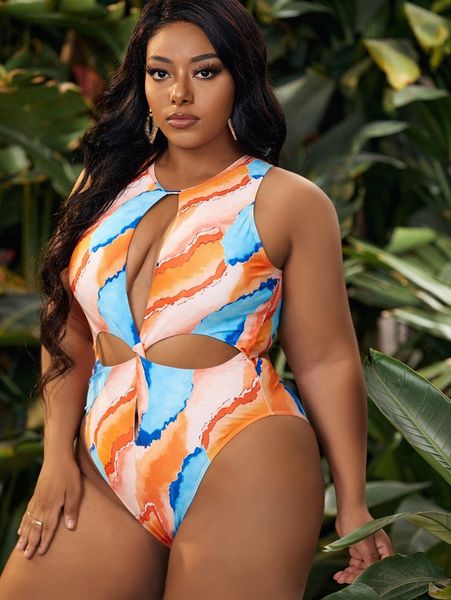 

plus color block cut-out one piece swimsuit x2xk#, Black