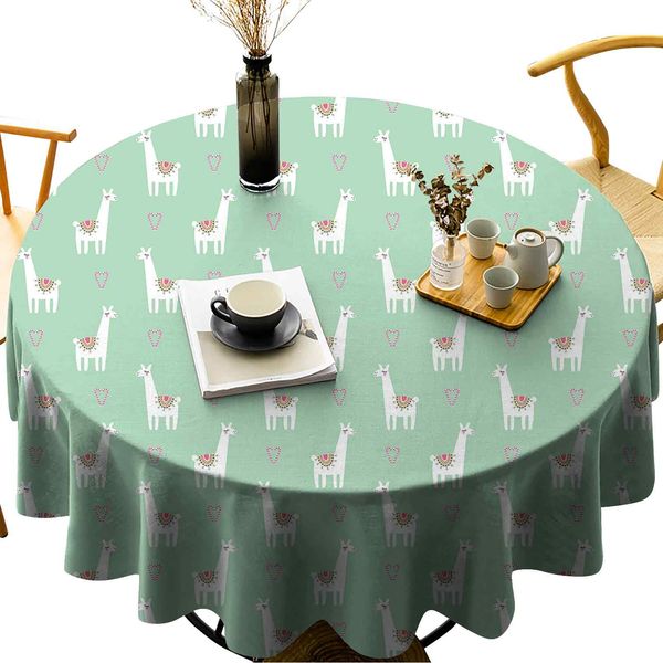 

round tablecloth cotton linen dust-proof table cover cute llama with candy cane hearts fun pattern on mint green background