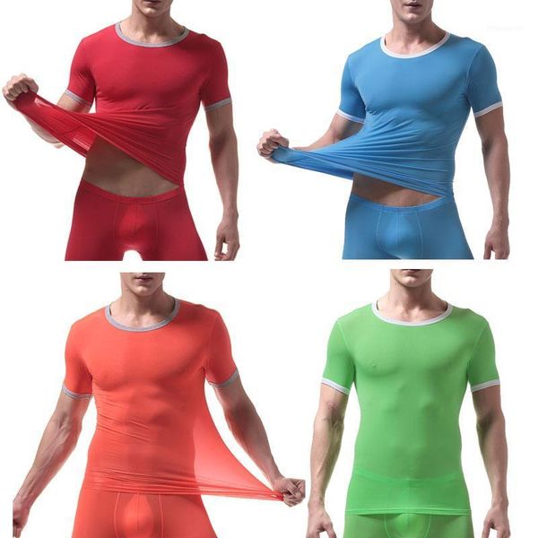 

men's skinny undershirt male ice silk sheer short sleeves gym fitness bodybuilding t shirts gay mesh breathable underwear1, Black;brown