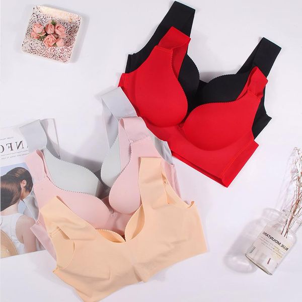 

bras big size for women seamless ice silk bra bralette push up brassiere vest wireless 2pcs lot, Red;black