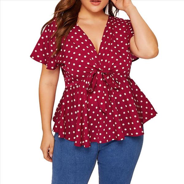 

womens large size v neck short sleeve shirt polka dot knot front womens and summer blouse feminina, White