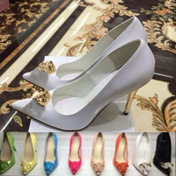 

factory direct sales fashion spring autumn pointed toe gold ladies head high heel black white patent leather dress women's pumps work s