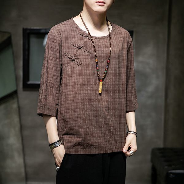 

2021 new spring summer chinese style tees men's cotton linen short sleeve plaid t-shirt man casual oversize tee clothing 251i, Black