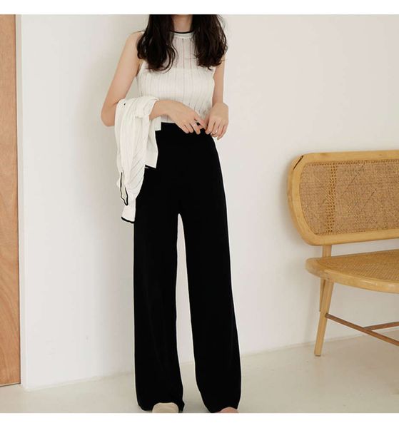 

ice silk high waist wide leg summer mopping with loose drape and straight women's casual pants, Black;white