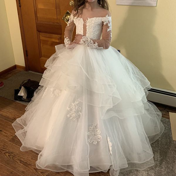 

lace elegant flower girl dresses for wedding sheer neck long sleeves communion pageant kids party birthday gowns, White;blue