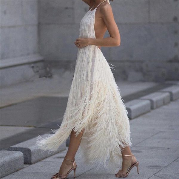 

fringed summer dress women backless sleeveless elegant solid hanging neck dress casual party girl fashion robe femme, Black;gray