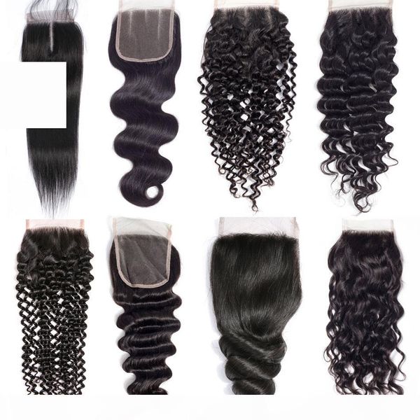 

8a virgin human hair lace closure brazilian peruvian malaysian indian straight body wave loose deep water natural wave kinky curly closures, Black;brown