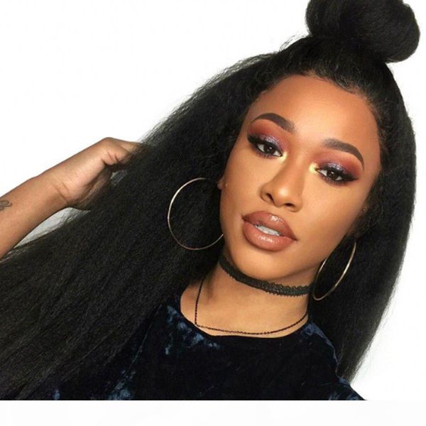 

kinky straight full lace human hair wigs pre plucked hairline virgin brazilian hair lace front wigs coarse yaki, Black;brown