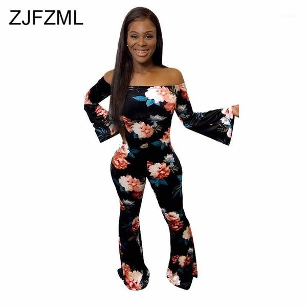 

floral print rompers womens jumpsuit slash neck long flare sleeve party overall autumn off the shoulder backless skinny bodysuit1, Black;white