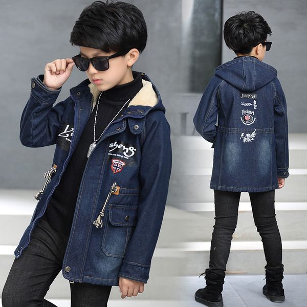 

winter new children's clothing children's children's printing plus velvet cowboy trench coat thick korean jacket 201125, Blue;gray