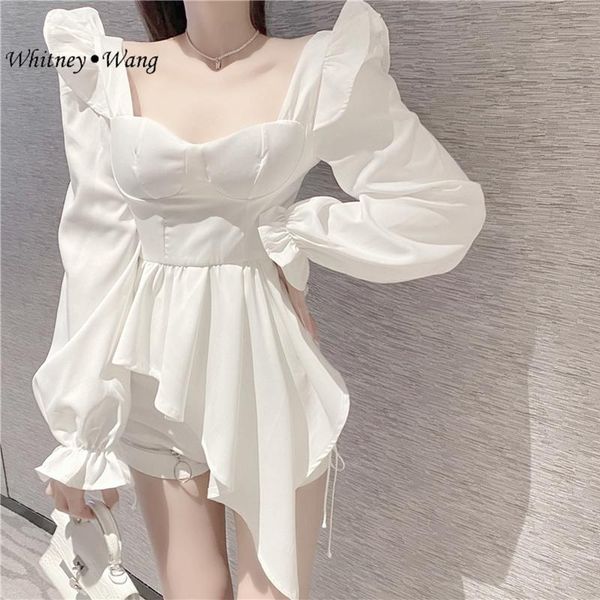 

whitney wang blouses fashion streetwear vintage style square collar ruffles asymmetrical blouse women blusas lady shirt top, White