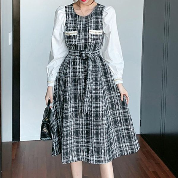 

korean version japanese winter autumn dress thin trendy simple sellers dress elegant splicing round neck long sleeve, Black;gray