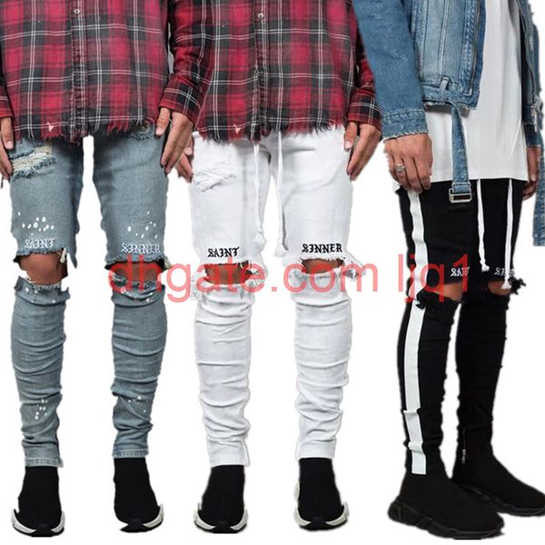 

fashion mens jeans skinny with slim elastic denim bike jeans men pants ripped hole jean for men plus size s-3xl, Blue