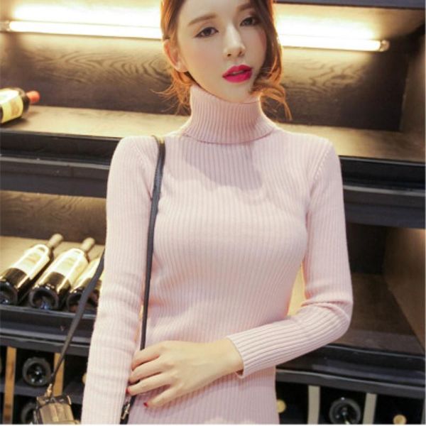 

2021 fashion autumn women long sleeve turtleneck knitted basic sweater shirt lady elastic slim ribbed pullover chic blouse, White;black