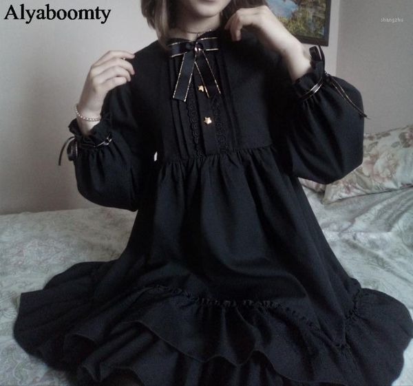 

japanese harajuku women black ruffles dress lantern sleeve lolita style student's dress sweet kawaii cute bow girl chiffon1, Black;gray