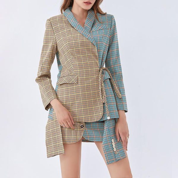 

msxu women elegant fashion tartan plaid contrast color lace up blazer skirt casual suit two piece set, White