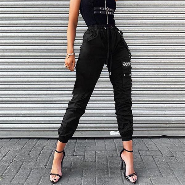 

галлинские брюки женщина мода повседневная брюки slim fit hip hop streetwear женская одежда whit chain dg006, Black;white
