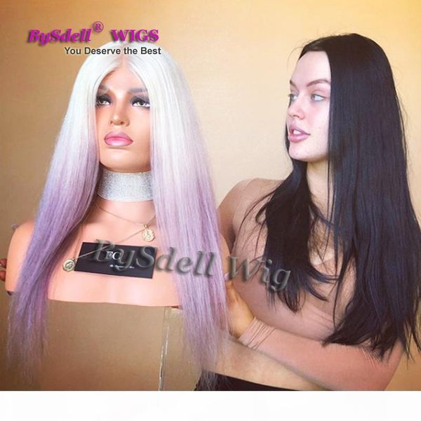 

pastel white blonde hair wig synthetic bleach teal purple pink dyed hair color lace front wig long straight two tone ombre hair wigs, Black