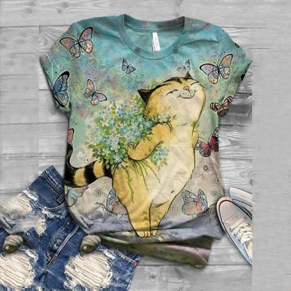 

h40 streetwear vintage cat print t shirt women plus size women short sleeve 3d animal printed t shirts o neck tee, White