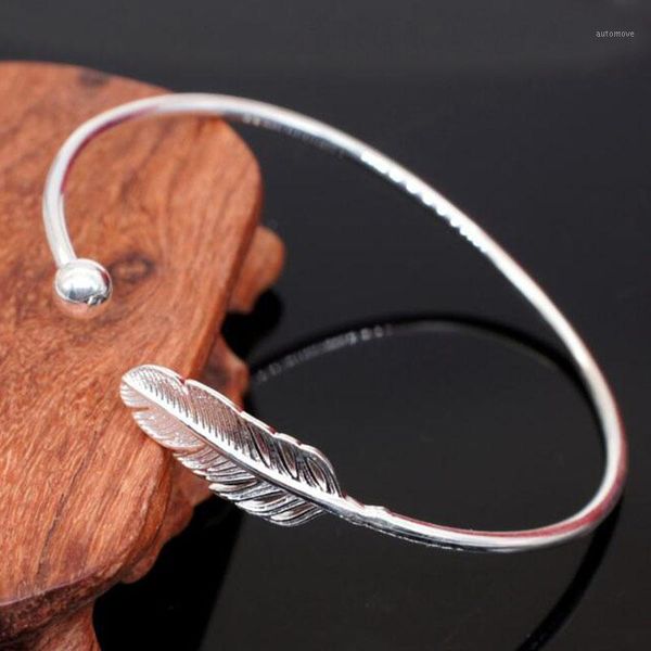 

silver color open bangles & bracelet fashion simple feather handmade jewelry gift for men women size adjustable1, Black