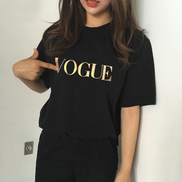 

gold vogue letter printed t-shirt summer fashion o neck short sleeve loose tee plus size xs-4xl wdc4825, White