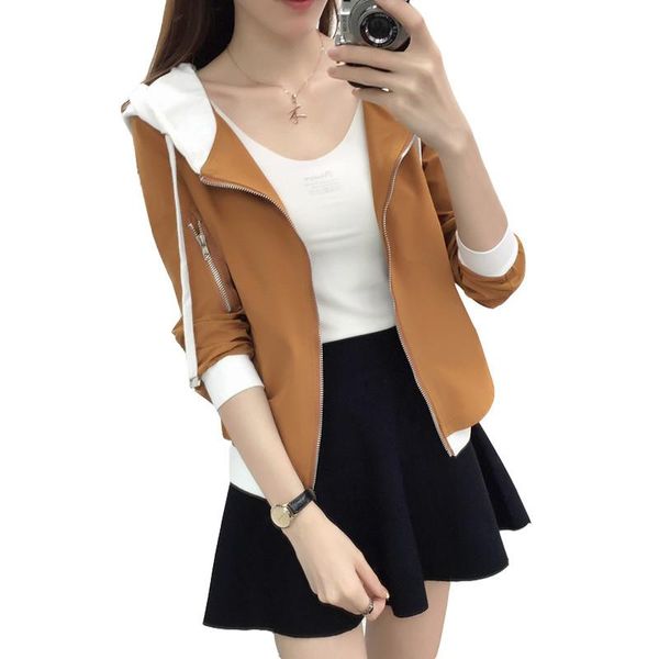 

new short jacket women spring autumn 2020 loose long-sleeve hooded zipper pocket solid casual jackets coat female outwear, Black;brown